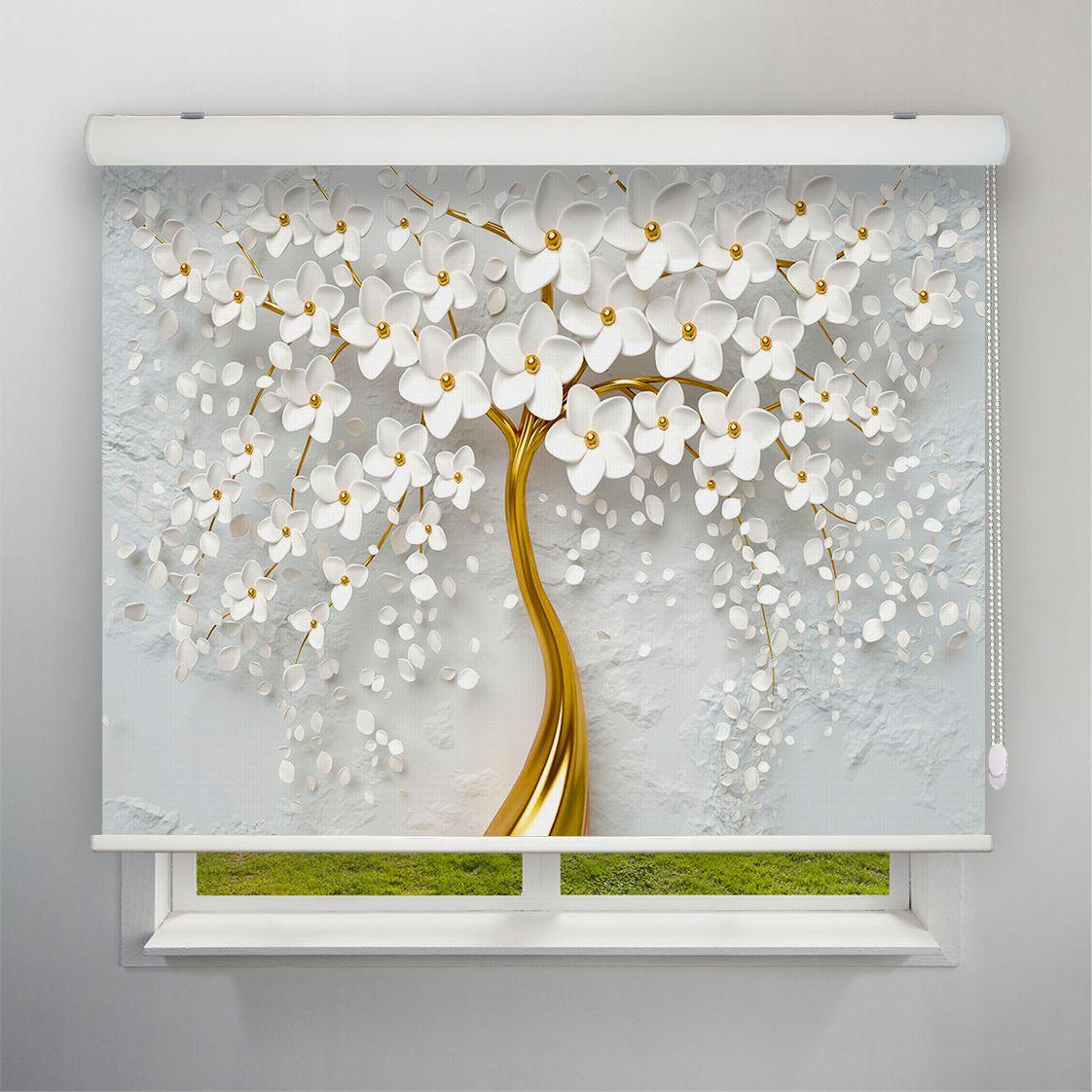 پرده شید تصویری طرح 3D درخت شکوفه سفید کد FLW-33