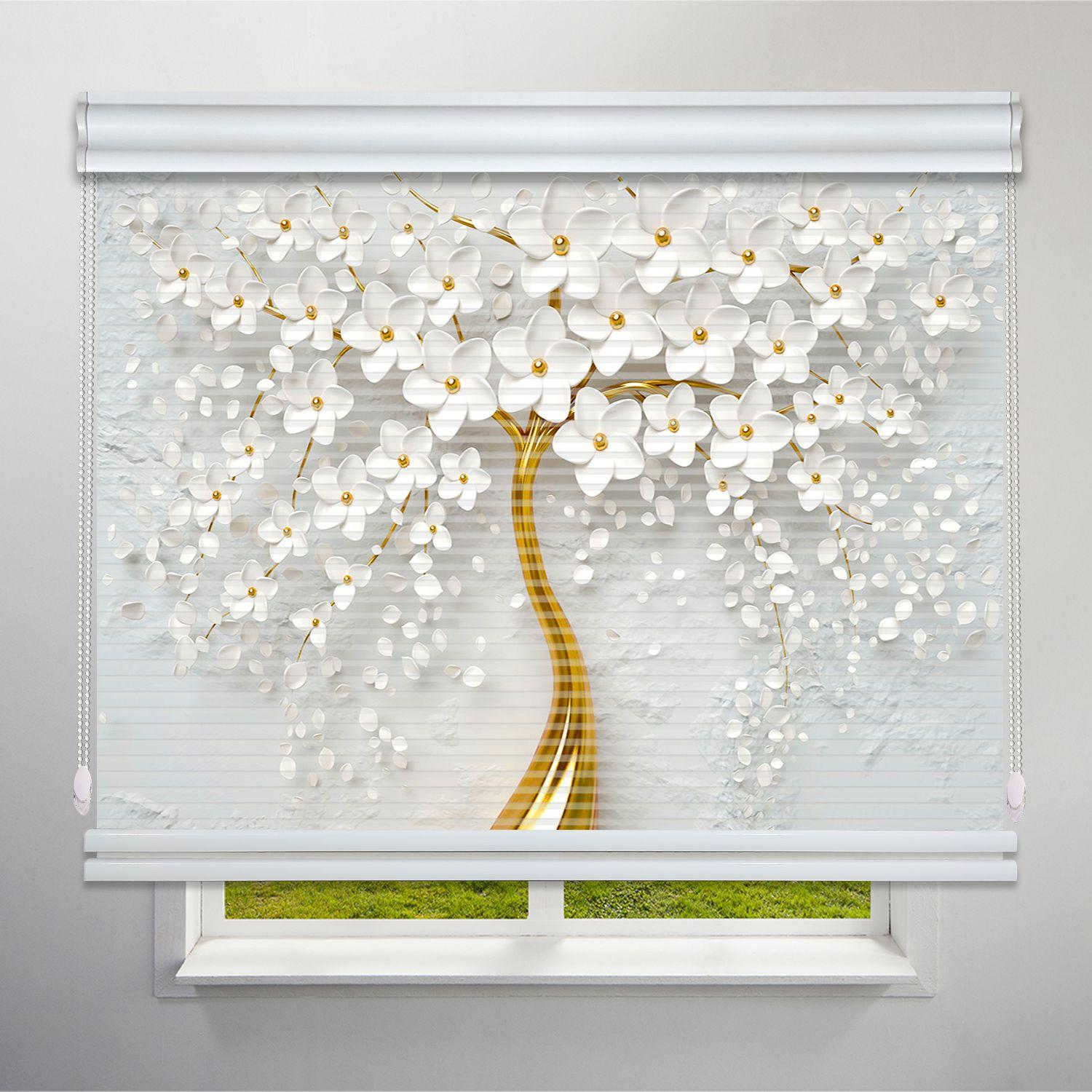 پرده شب و روز 1 سانتی تصویری طرح 3D درخت شکوفه سفید کد FLW-33